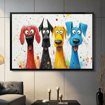 Black framed four colorful cartoon dogs red black yellow blue full body view with multicolor paint splatter canvas print on dark grey tile wall — bold humorous dog wall art for statement living room decor