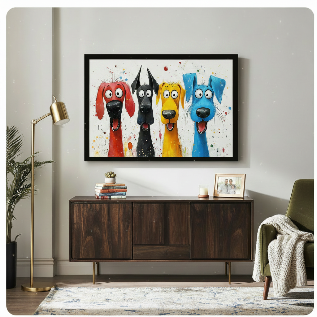 Black framed four colorful cartoon dogs red black yellow blue with colorful paint splatter canvas print above dark walnut sideboard in contemporary living room — vibrant funny dog wall art for eclectic interior decor