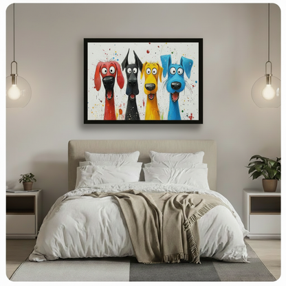 Black framed four colorful cartoon dogs red black yellow blue paint splatter canvas print above white bed in minimalist bedroom with pendant lights — playful dog wall art for modern bedroom home decor