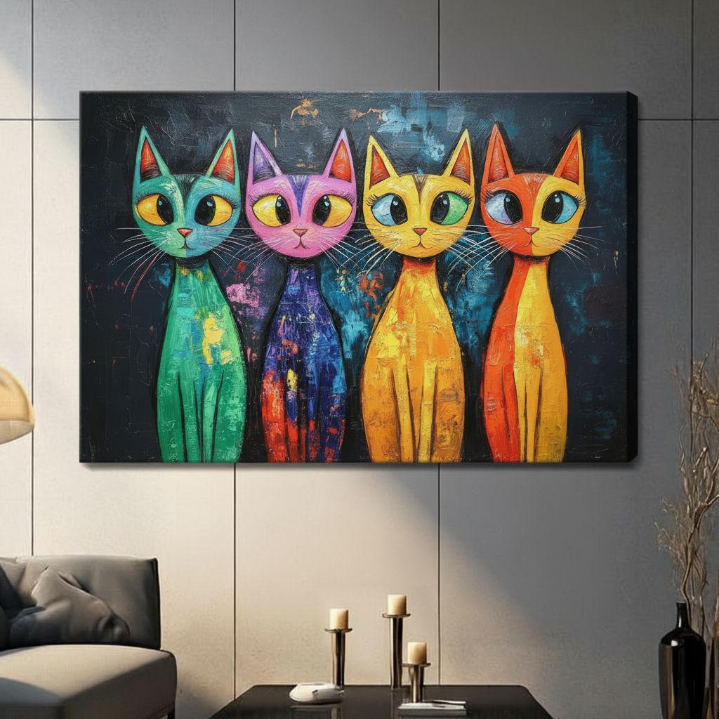 Expressive palette knife oil painting of four elongated cats in vivid colors teal pink yellow and orange sitting in a row with oversized round eyes and fine white whiskers on a deep blue-black brushstroke background colorful pop art cat wall art stretched canvas in a living room with light gray panel wall dark sofa candle holders and black vase