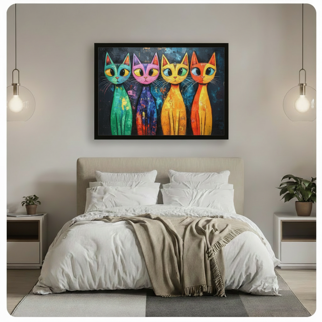 Playful pop art oil painting of four quirky elongated cats in teal pink yellow and orange with big round eyes and white whiskers on a dark textured background colorful cat wall art framed print above a bedroom with white linen bedding beige upholstered headboard pendant lights and green plants