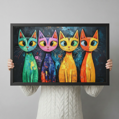 Vibrant pop art painting of four slender cats in bright teal purple golden and orange tones with large mismatched eyes and long delicate whiskers painted in bold impasto oil technique on a dark splattered background fun colorful cat wall art framed print held against a light gray background