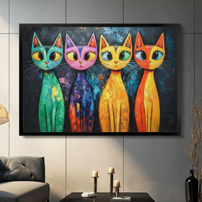 Bold pop art oil painting of four stylized cats sitting side by side in teal green pink purple golden yellow and orange-red with large expressive eyes and long white whiskers on a dark textured background colorful cat wall art framed print in a living room with light gray panel wall dark sofa candle holders and black vase