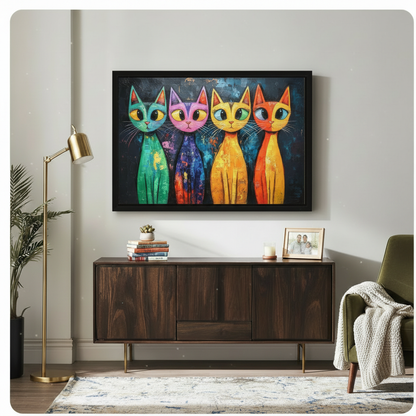 Bold expressionist oil painting of four vividly colored cats in teal purple amber and orange-red sitting upright with large eyes and fine white whiskers on a dark blue-black impasto background colorful pop art cat wall art framed print above a living room sideboard with dark walnut cabinet gold floor lamp green armchair and indoor plant