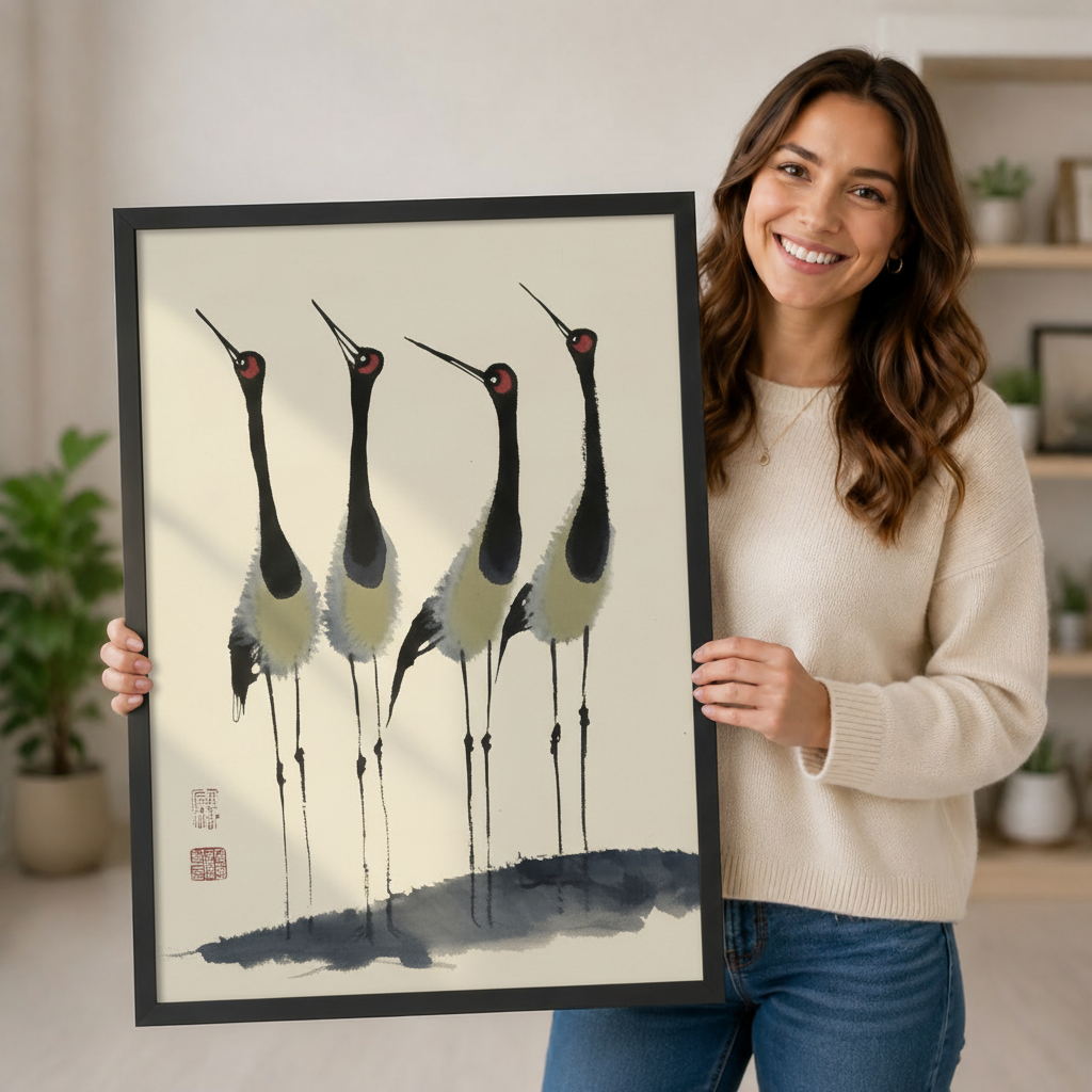 Smiling woman holding a large black-framed Chinese ink painting of four red-crowned cranes showing artwork size and fine brushstroke detail on cream background