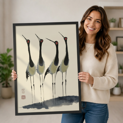 Smiling woman holding a large black-framed Chinese ink painting of four red-crowned cranes showing artwork size and fine brushstroke detail on cream background