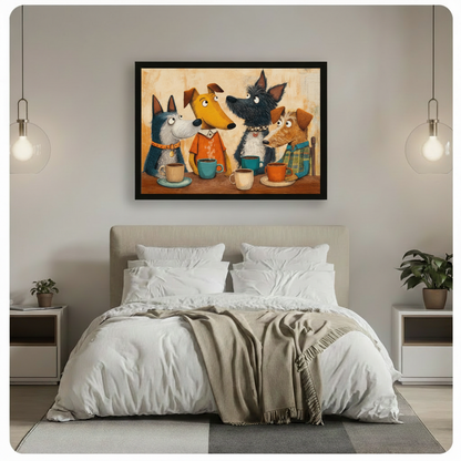 Four anthropomorphic dogs having coffee framed canvas displayed above bed in modern bedroom with grey upholstered headboard and pendant lights - funny vintage cartoon dog wall art with warm amber beige palette and colorful coffee mugs for playful bedroom decor