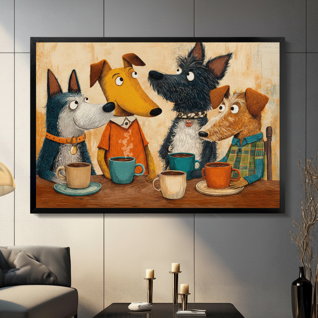 Four anthropomorphic dogs having coffee together framed wall art - whimsical vintage cartoon oil painting canvas print with blue grey terrier yellow greyhound black scottish terrier and brown wire fox terrier around coffee cups on warm aged beige background for living room decor
