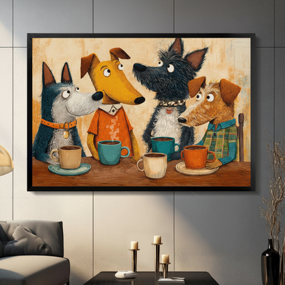 Four anthropomorphic dogs having coffee together framed wall art - whimsical vintage cartoon oil painting canvas print with blue grey terrier yellow greyhound black scottish terrier and brown wire fox terrier around coffee cups on warm aged beige background for living room decor