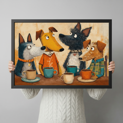Hands holding large framed four dogs coffee meeting canvas print - full artwork detail of whimsical vintage cartoon oil painting with blue grey terrier yellow greyhound black scottish terrier and brown wire fox terrier gathered around steaming coffee cups in warm amber beige retro setting