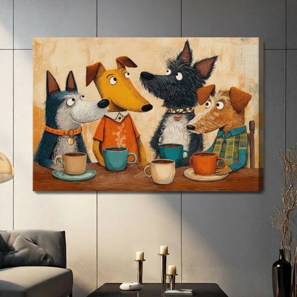 Unframed four cartoon dogs sharing coffee at table canvas print - funny vintage retro oil painting wall art with dressed anthropomorphic dogs in orange shirt plaid jacket and spiked collar holding colorful mugs on warm amber beige textured background for contemporary home decor