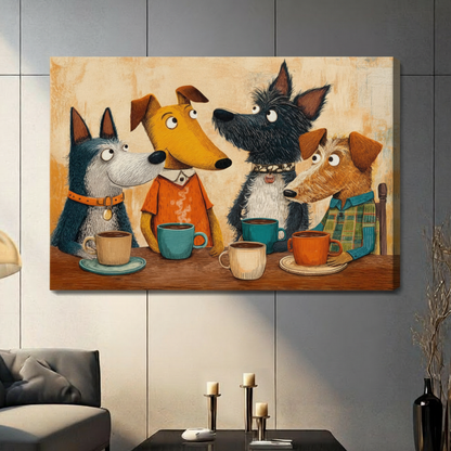 Unframed four cartoon dogs sharing coffee at table canvas print - funny vintage retro oil painting wall art with dressed anthropomorphic dogs in orange shirt plaid jacket and spiked collar holding colorful mugs on warm amber beige textured background for contemporary home decor