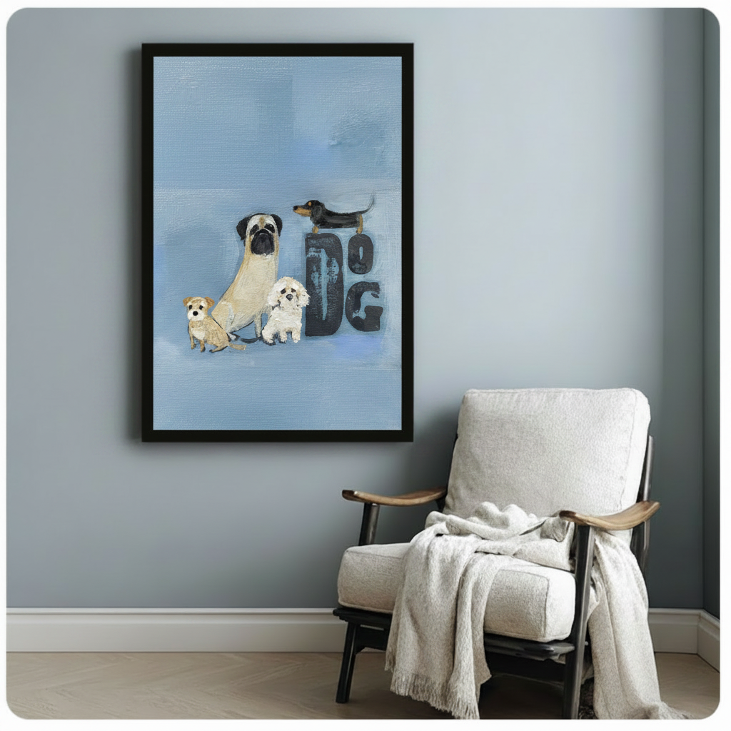 Black framed whimsical dog quartet oil painting wall art mounted beside a linen armchair on a soft blue-grey wall, playful pet home decor
