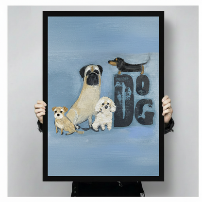 Two hands holding a black framed four-dog oil painting print on powder blue background, clearly showing print size, frame depth, and textured brushstroke detail