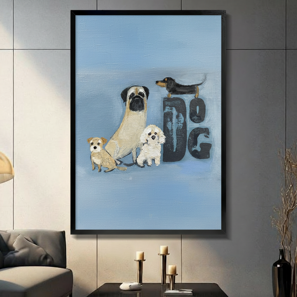 Black framed oil painting wall art featuring four dogs including a pug, dachshund, bichon and terrier with bold DOG lettering on a powder blue background, displayed in a modern grey living room