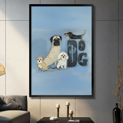 Black framed oil painting wall art featuring four dogs including a pug, dachshund, bichon and terrier with bold DOG lettering on a powder blue background, displayed in a modern grey living room