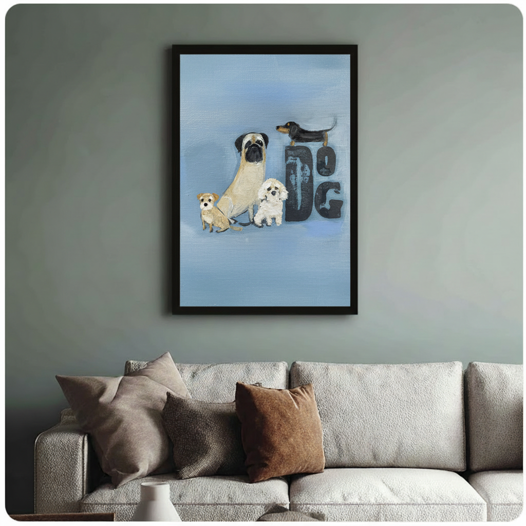Framed four dogs oil painting print with pug, dachshund, bichon and terrier above a neutral sofa against a sage green wall, charming pet wall decor