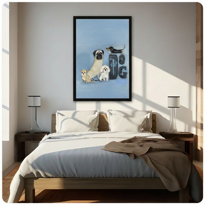 Framed four dogs oil painting wall art with DOG lettering hung above a wooden bed in a sunlit neutral bedroom, playful yet elegant pet canvas decor
