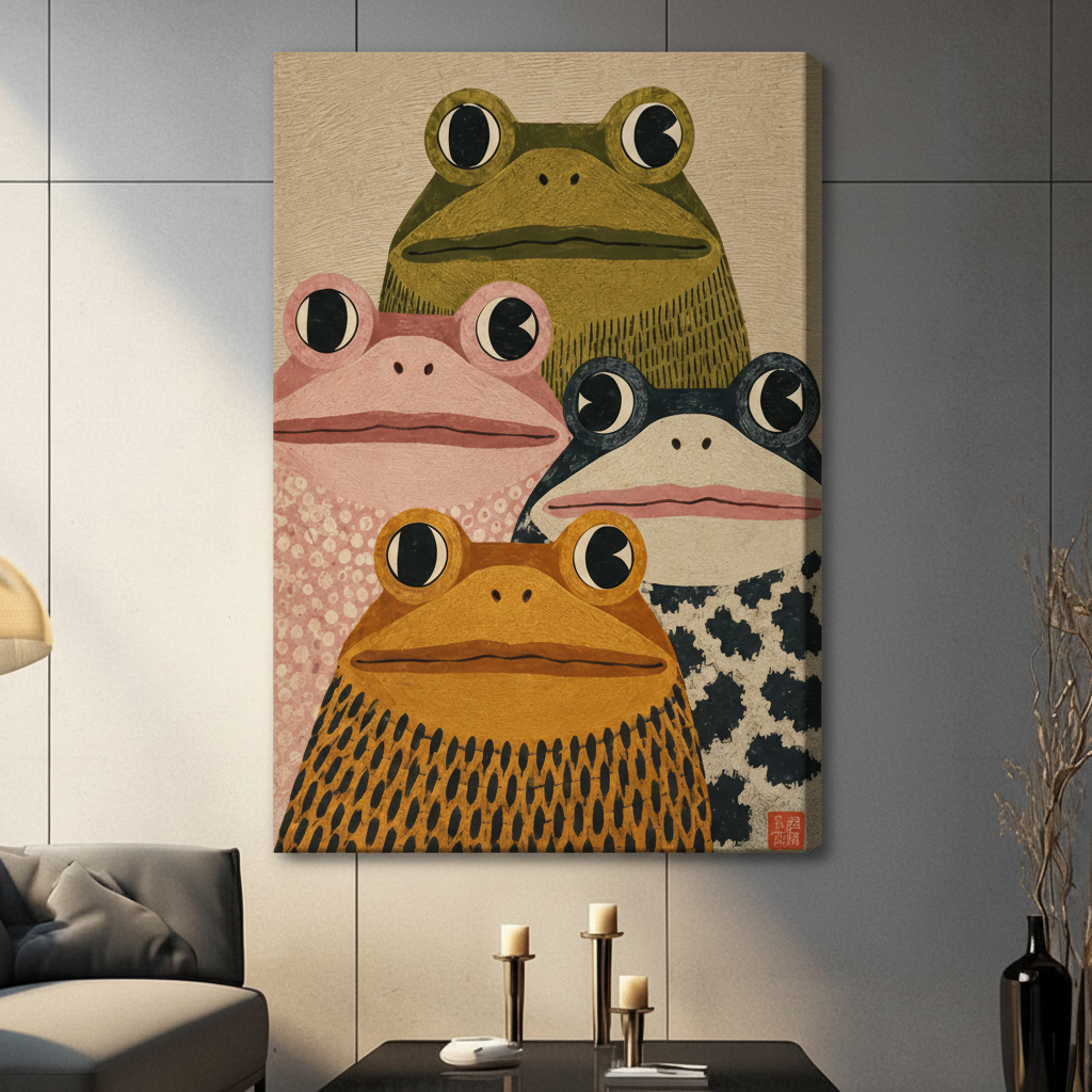 Ukiyo-e inspired art print of four chunky frogs grouped together in olive green pink dark spotted and amber orange tones with large expressive eyes and detailed textured skin against a warm beige background with a red Japanese seal stamp quirky frog portrait stretched canvas in a living room with dark gray sofa candle holders and black vase