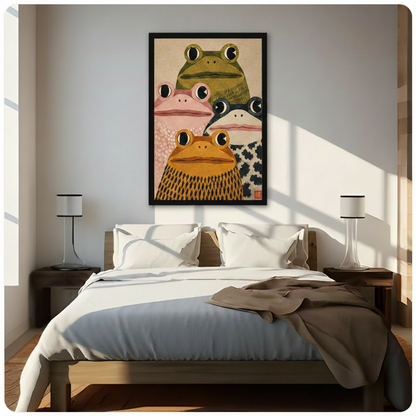 Ukiyo-e inspired illustration of four expressive frogs in olive green pink spotted and golden orange tones with bold round eyes and patterned skin against a warm sandy beige background with red Japanese stamp funny frog portrait wall art framed print above a modern bedroom with white linen bedding dark wood nightstands and white table lamps
