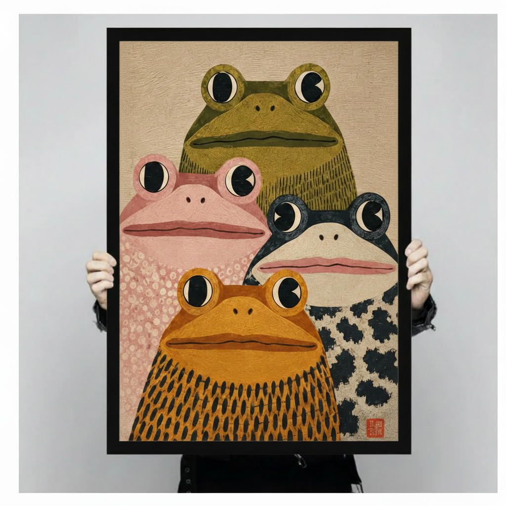 Bold Japanese-style art print of four chunky frogs grouped in a portrait olive green pink black-and-white spotted and amber orange with large black-and-white eyes and richly textured bodies on a warm beige background with red seal stamp funny frog squad wall art framed print held up against a light gray background
