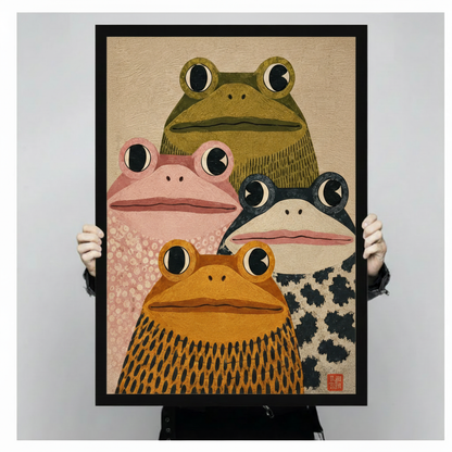 Bold Japanese-style art print of four chunky frogs grouped in a portrait olive green pink black-and-white spotted and amber orange with large black-and-white eyes and richly textured bodies on a warm beige background with red seal stamp funny frog squad wall art framed print held up against a light gray background