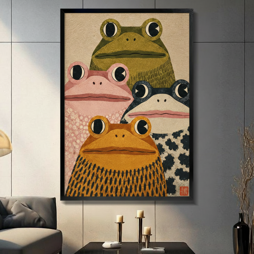 Japanese-style illustration of four expressive frogs in a group portrait olive green pink black-and-white spotted and golden orange each with bold round eyes and unique skin texture on a warm sandy beige background with red stamp seal funny frog gang wall art framed print in a living room with dark gray sofa candle holders and black vase