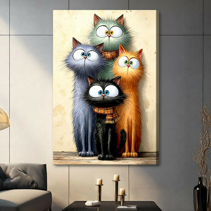 Whimsical illustration of four fluffy cats with oversized expressive eyes huddled together including a teal-gray cat on top a large gray cat a small black cat wearing a plaid scarf and an orange tabby cat against a warm cream vintage background funny cat wall art stretched canvas in living room with light gray panel wall and dark sofa