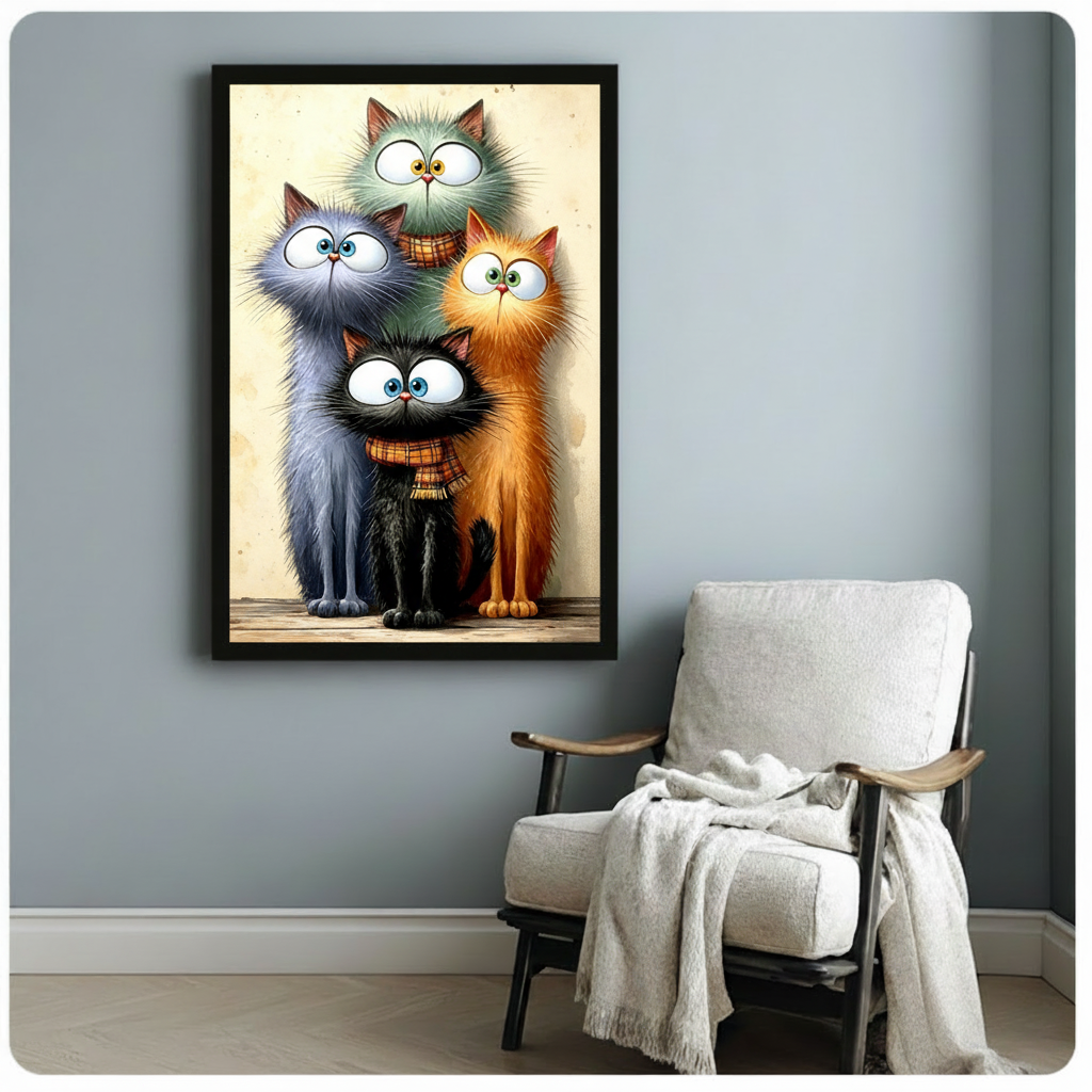 Whimsical illustration of four fluffy cats with oversized expressive eyes huddled together including a teal-gray cat on top a large gray cat a small black cat wearing a plaid scarf and an orange tabby cat against a warm cream vintage background funny cat wall art framed print beside white wood armchair on blue-gray wall