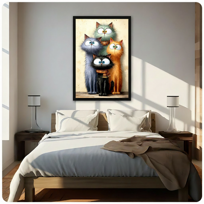 Whimsical illustration of four fluffy cats with oversized expressive eyes huddled together including a teal-gray cat on top a large gray cat a small black cat wearing a plaid scarf and an orange tabby cat against a warm cream vintage background funny cat wall art framed print above bedroom with white bedding and dark wood bedside tables
