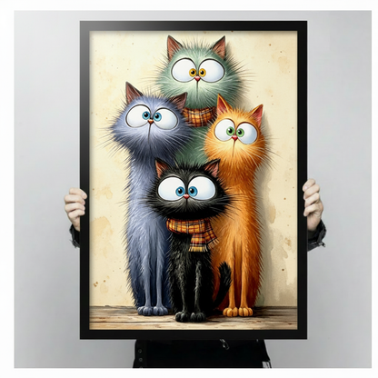 Whimsical illustration of four fluffy cats with oversized expressive eyes huddled together including a teal-gray cat on top a large gray cat a small black cat wearing a plaid scarf and an orange tabby cat against a warm cream vintage background funny cat wall art framed print held against light gray background