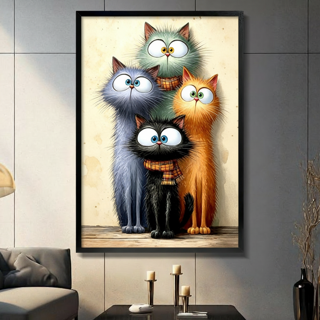 Whimsical illustration of four fluffy cats with oversized expressive eyes huddled together including a teal-gray cat on top a large gray cat a small black cat wearing a plaid scarf and an orange tabby cat against a warm cream vintage background funny cat wall art framed print in living room with light gray panel wall and dark sofa