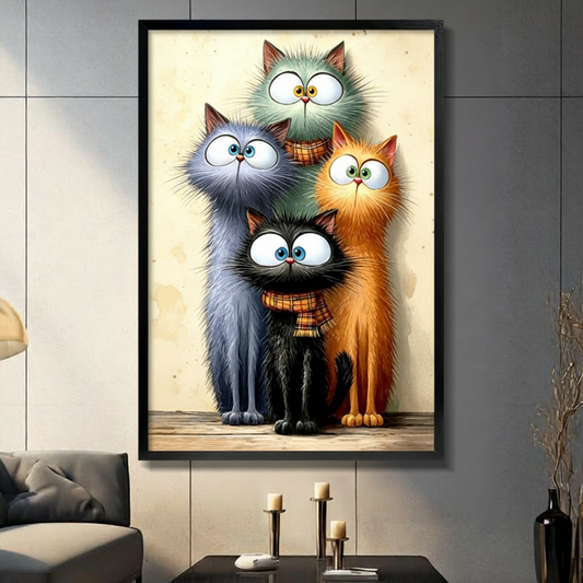 Whimsical illustration of four fluffy cats with oversized expressive eyes huddled together including a teal-gray cat on top a large gray cat a small black cat wearing a plaid scarf and an orange tabby cat against a warm cream vintage background funny cat wall art framed print in living room with light gray panel wall and dark sofa