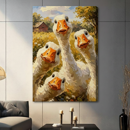 Impressionist thick-brushwork oil painting of four curious white geese huddled together facing the viewer with fluffy cream feathers bright orange beaks and round black eyes set against a sunlit golden field with green foliage a red barn and blue sky playful goose wall art stretched canvas in a living room with dark gray panel wall dark sofa and black vase