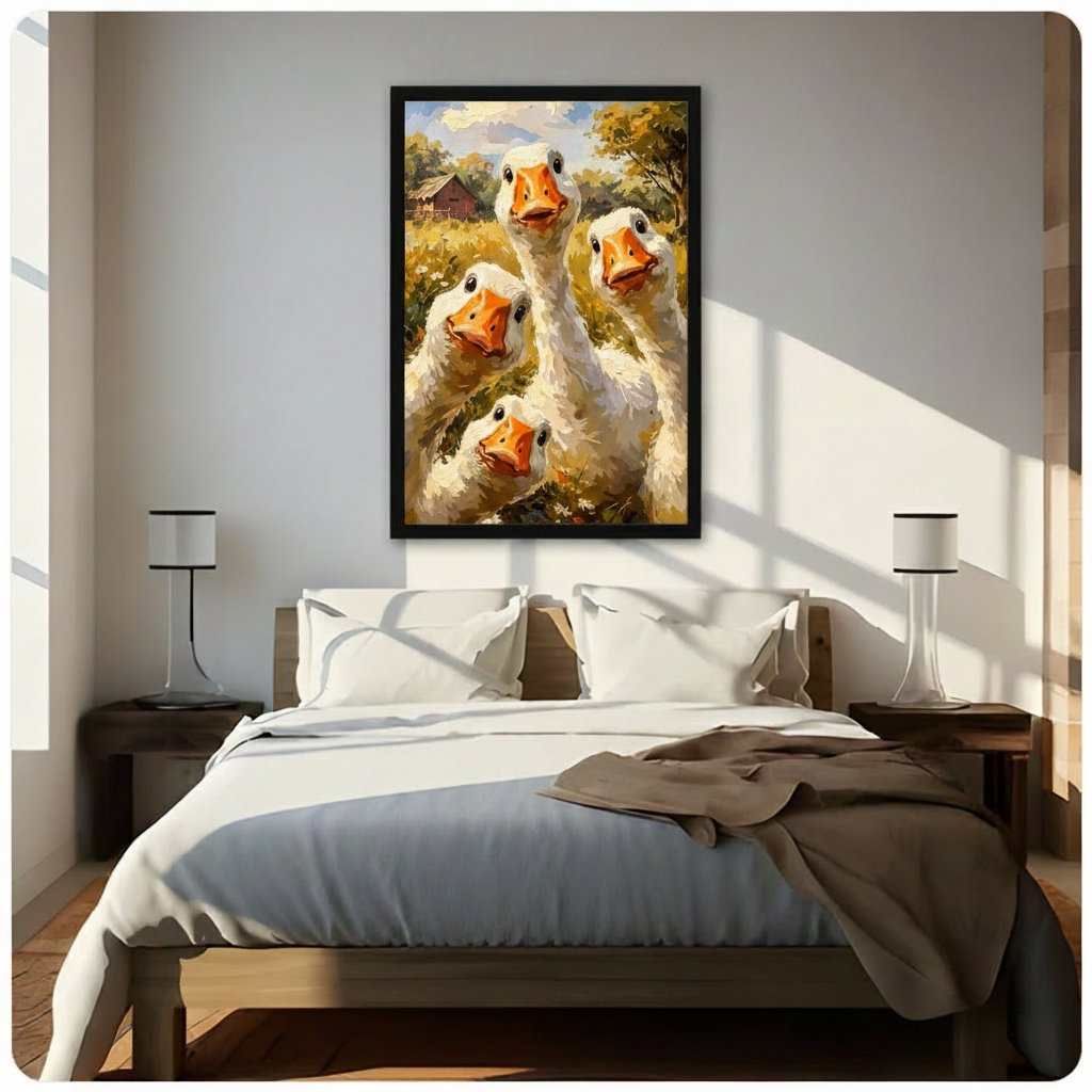 Impressionist oil painting of four inquisitive white geese crowding the frame with soft cream feathers vivid orange beaks and bright round eyes one tall goose centered with three others leaning in from surrounding angles against a sunlit golden field green trees a red wooden barn and blue sky cheerful goose wall art framed print above a bedroom with white linen bedding dark wood bed frame and white table lamps