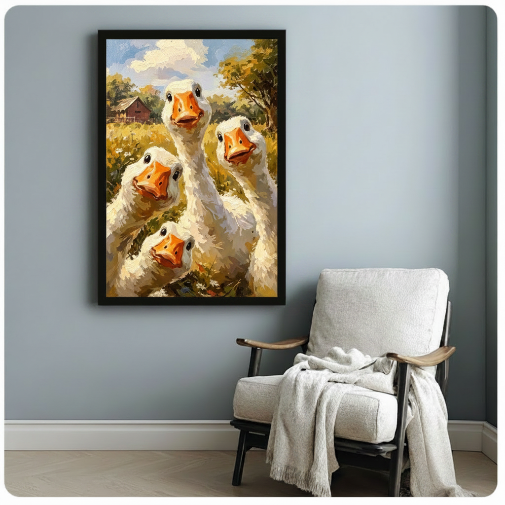Impressionist oil painting with bold brushwork of four fluffy white geese bunched together and gazing at the viewer featuring one tall center goose and three others crowding in from the sides against a warm golden meadow with trees a red barn and a bright blue sky whimsical goose farm wall art framed print beside a white linen armchair on a blue gray wall