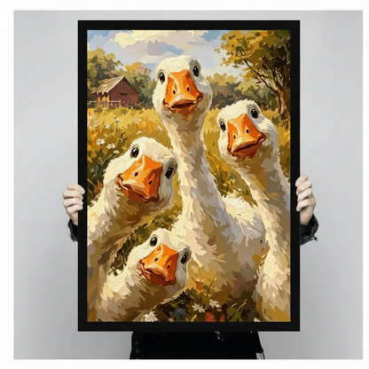Impressionist oil painting of four white geese pressed together in a close-up cluster one tall long-necked goose rising in the center flanked by three geese peering in from left right and below all with fluffy cream plumage orange bills and curious round eyes against a golden farm landscape with blue sky fun goose wall art framed print held against a light gray background
