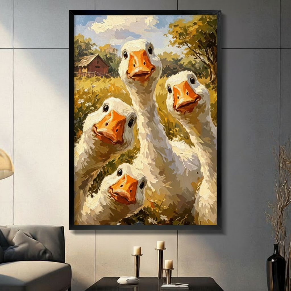 Impressionist oil painting with thick brushwork of four fluffy white geese crowding together and looking directly at the viewer one tall goose with a long neck rising in the center surrounded by three others peeking in from different angles against a golden meadow with green trees a red wooden barn and a blue sky charming goose wall art framed print in a living room with dark gray panel wall dark sofa and black vase