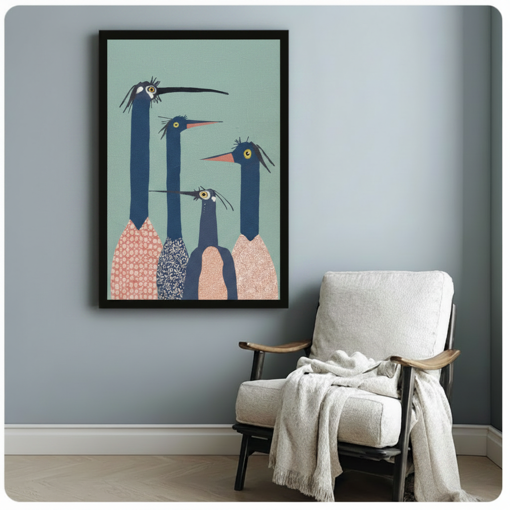 Funny quirky bird family framed poster on blue-grey wall beside cozy white linen armchair