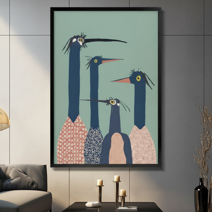 Four quirky long-neck birds funny illustration framed wall art displayed in modern living room with candlelight