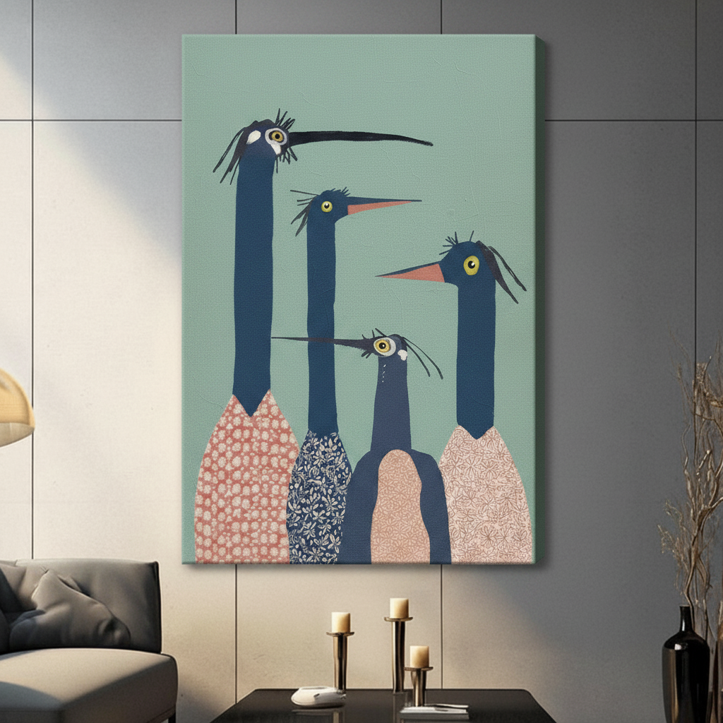 Whimsical four long-neck birds on teal background gallery wrapped canvas art in contemporary living space