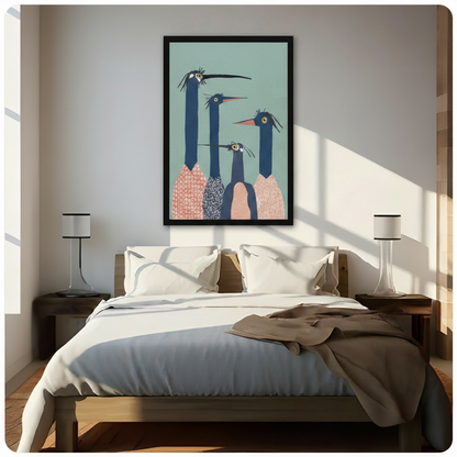 Whimsical long-neck bird family wall art in black frame above bed in bright Scandinavian-style bedroom with natural light