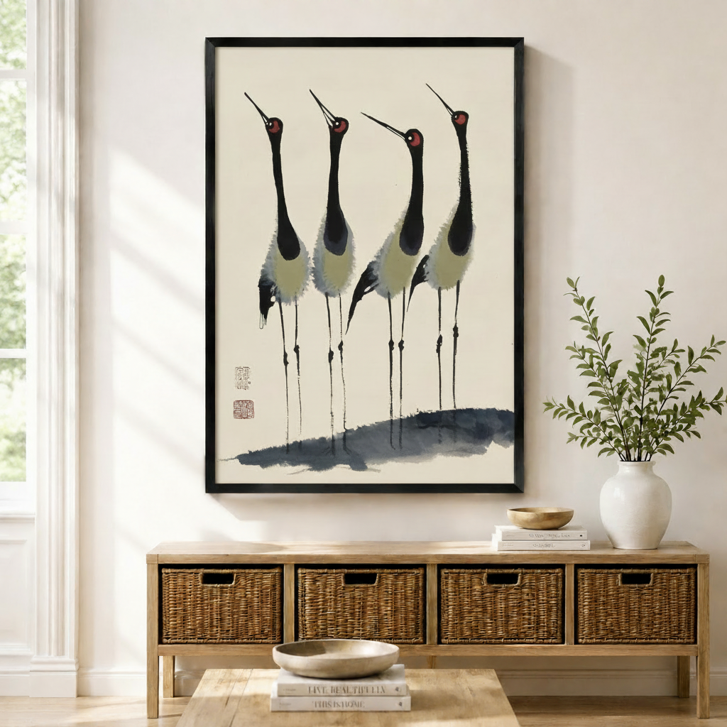 Framed Chinese ink painting of four red-crowned cranes standing together with seal stamp on beige background displayed above a wicker storage console in a bright modern entryway