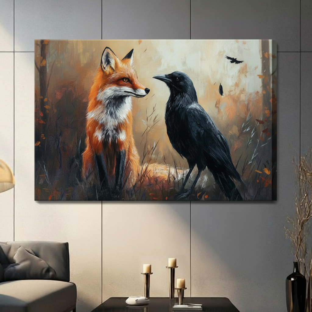 Gallery wrapped fox and raven autumn forest canvas print displayed on gray wall in contemporary living space with candles