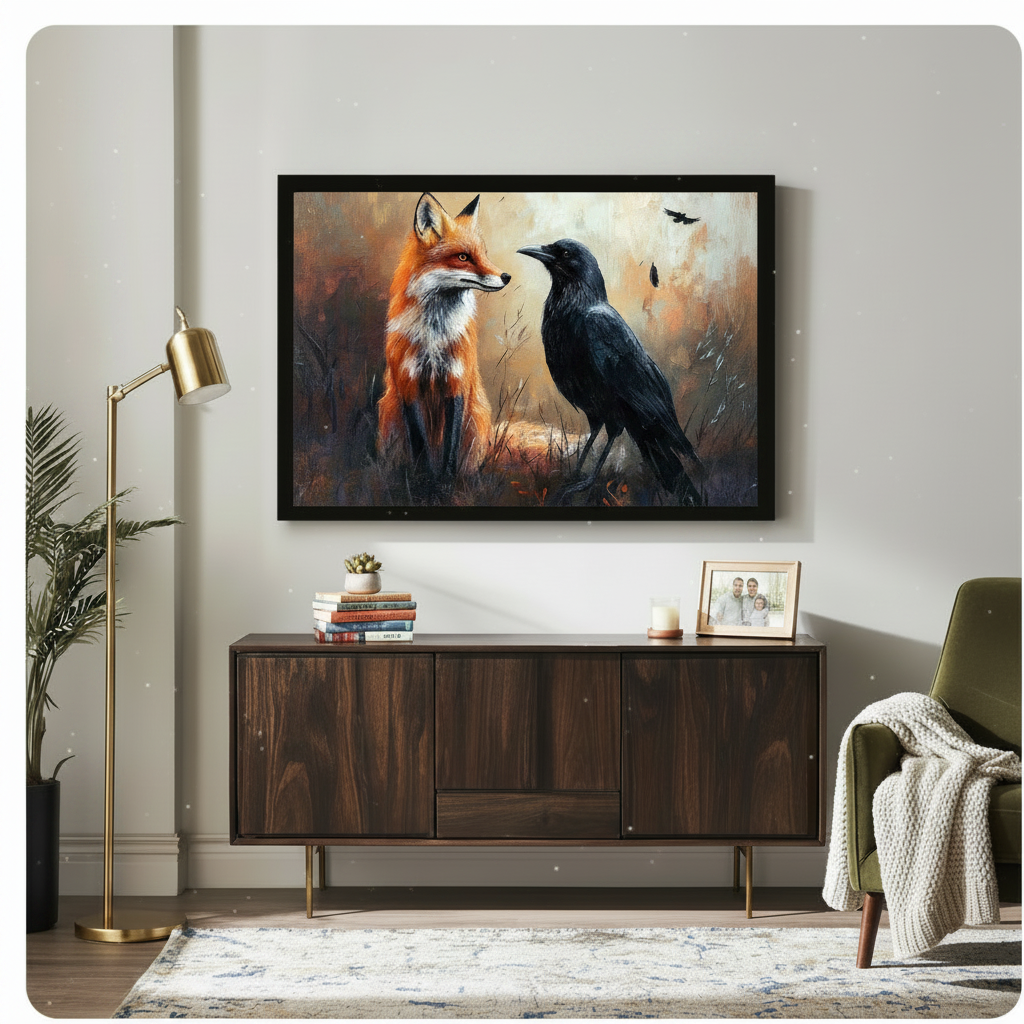 Red fox and raven dark forest framed canvas art above walnut sideboard in eclectic living room with gold floor lamp