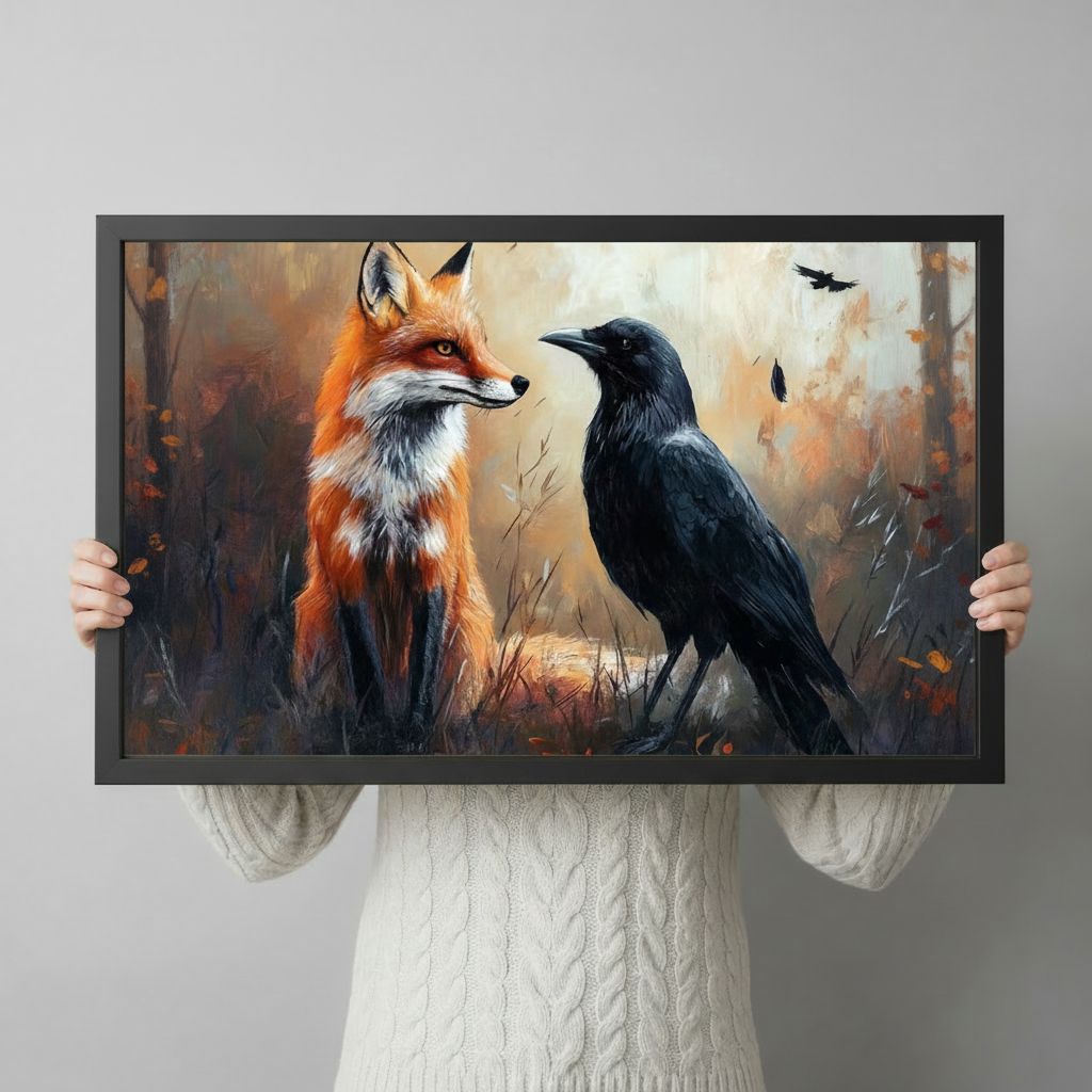 Close-up of red fox and black crow oil painting art print in black frame held by hands showing full artwork detail