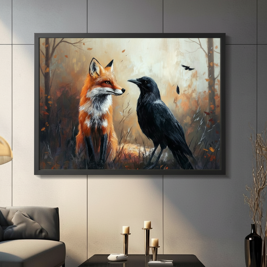 Red fox and black raven oil painting wall art in black frame hung on gray wall above console table in moody living room