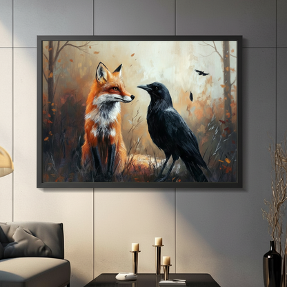 Red fox and black raven oil painting wall art in black frame hung on gray wall above console table in moody living room