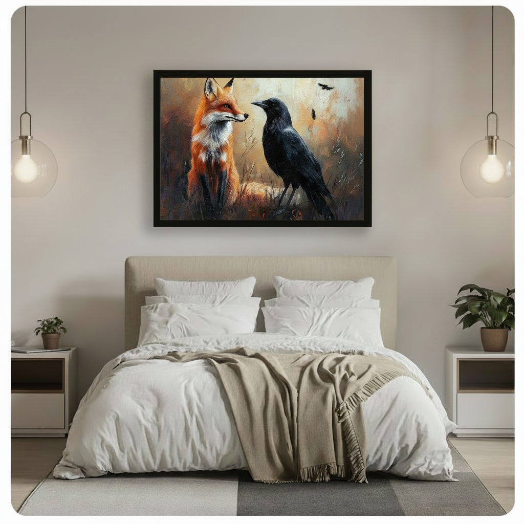 Fox and raven woodland painting framed wall art mounted above bed in bright minimalist bedroom with pendant lights