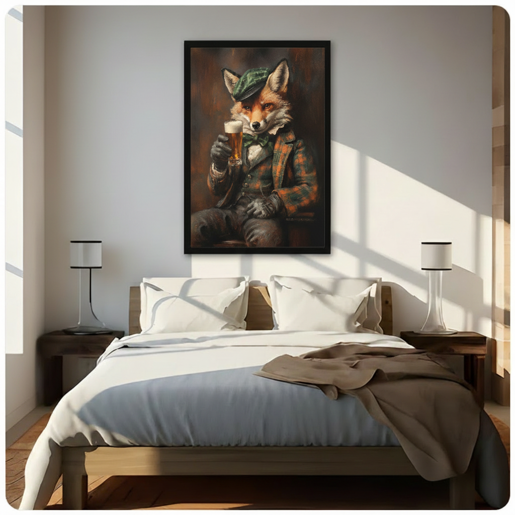 Framed fox with beer pint canvas above bed in sunlit bedroom — vintage dark oil painting of dapper fox in tartan cap and plaid jacket, bedroom wall art